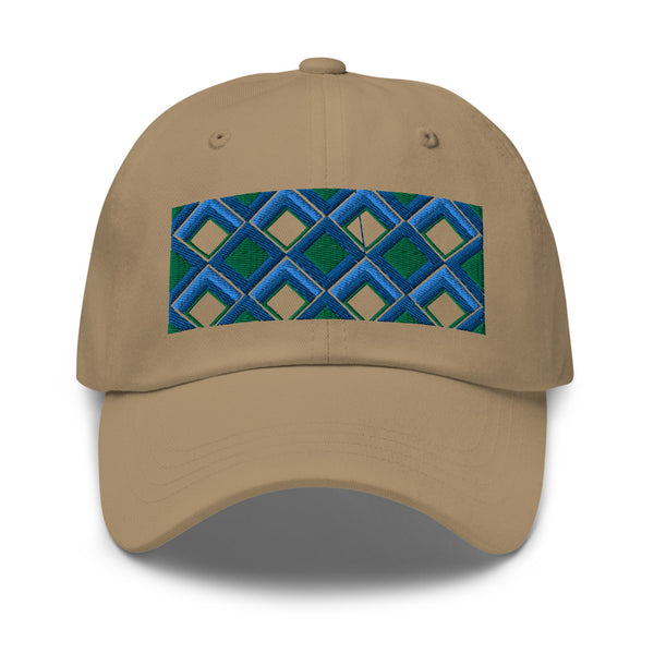 Blue diamonds with green and turquoise tones in this geometric 1960s inspired retro design logo on this dad hat