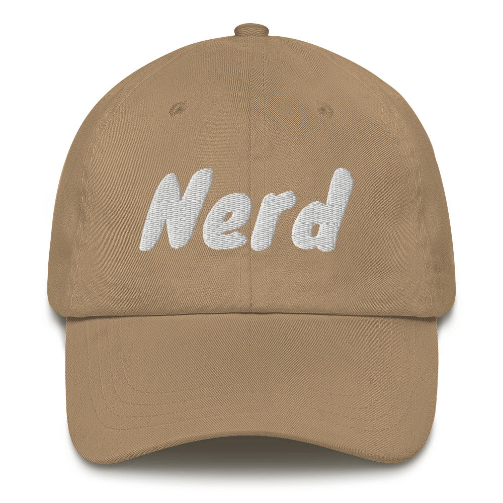 Dad hat with the slogan Nerd in white thread against coloured caps by BillingtonPix