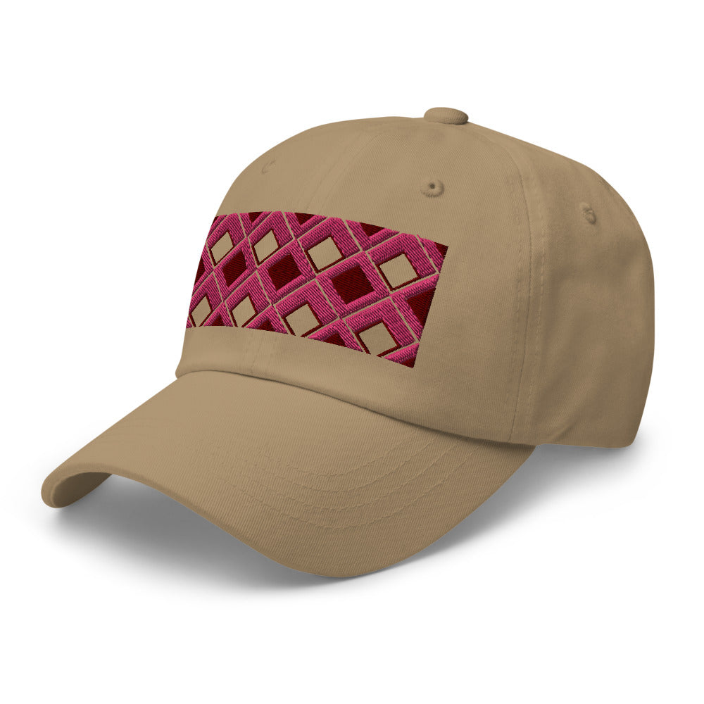 Pink diamonds with pink, burgundy and navy tones in this geometric 1960s inspired retro design logo on this dad hat