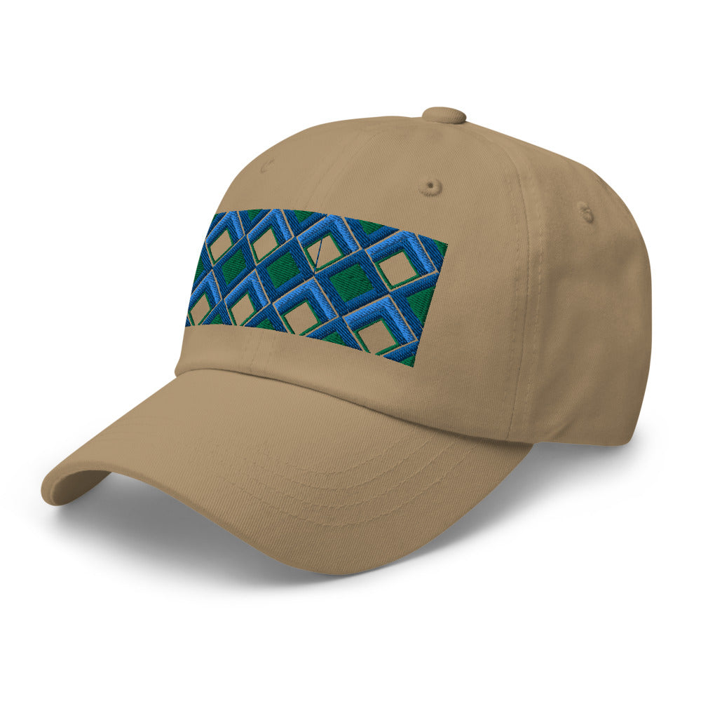 Blue diamonds with green and turquoise tones in this geometric 1960s inspired retro design logo on this dad hat