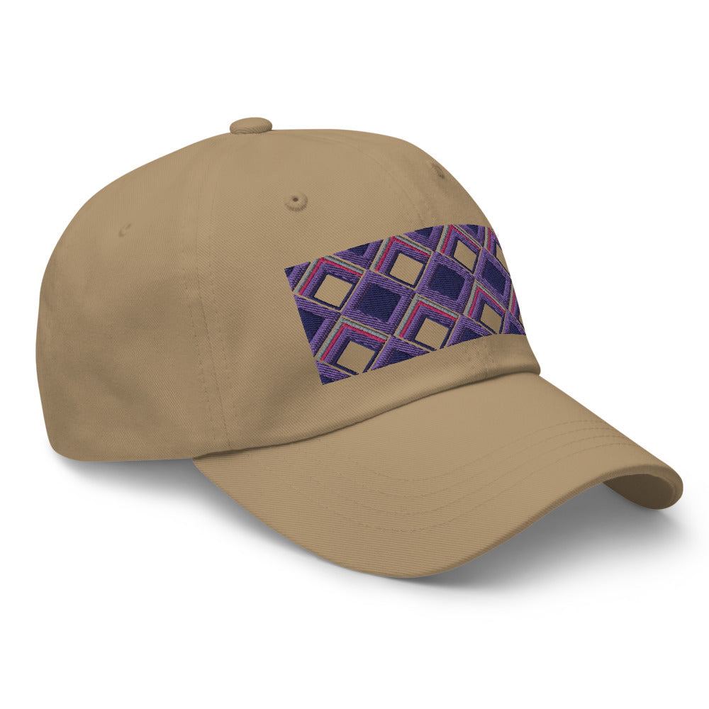 Purple diamonds with purple, navy and pink tones in this geometric 1960s inspired retro design logo on this dad hat