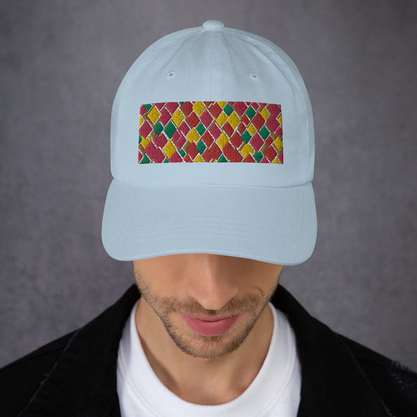 Geometric diamond shaped rectangular logo in pink, orange, yellow and green in this 60s inspired light blue colored dad cap