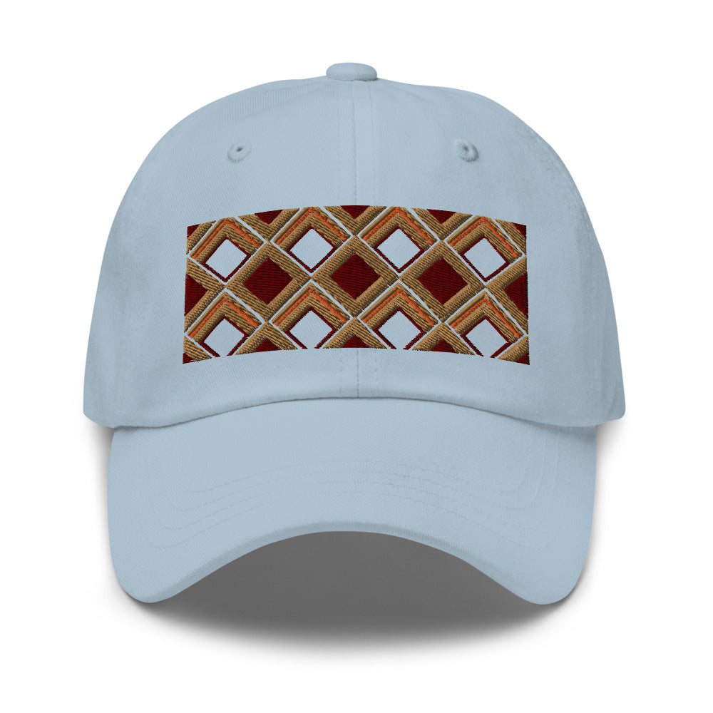 Brown diamonds with burgundy, orange and navy tones in this geometric 1960s inspired retro design logo on this dad hat