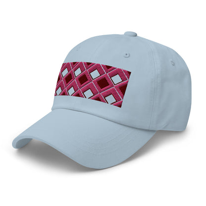 Pink diamonds with pink, burgundy and navy tones in this geometric 1960s inspired retro design logo on this dad hat