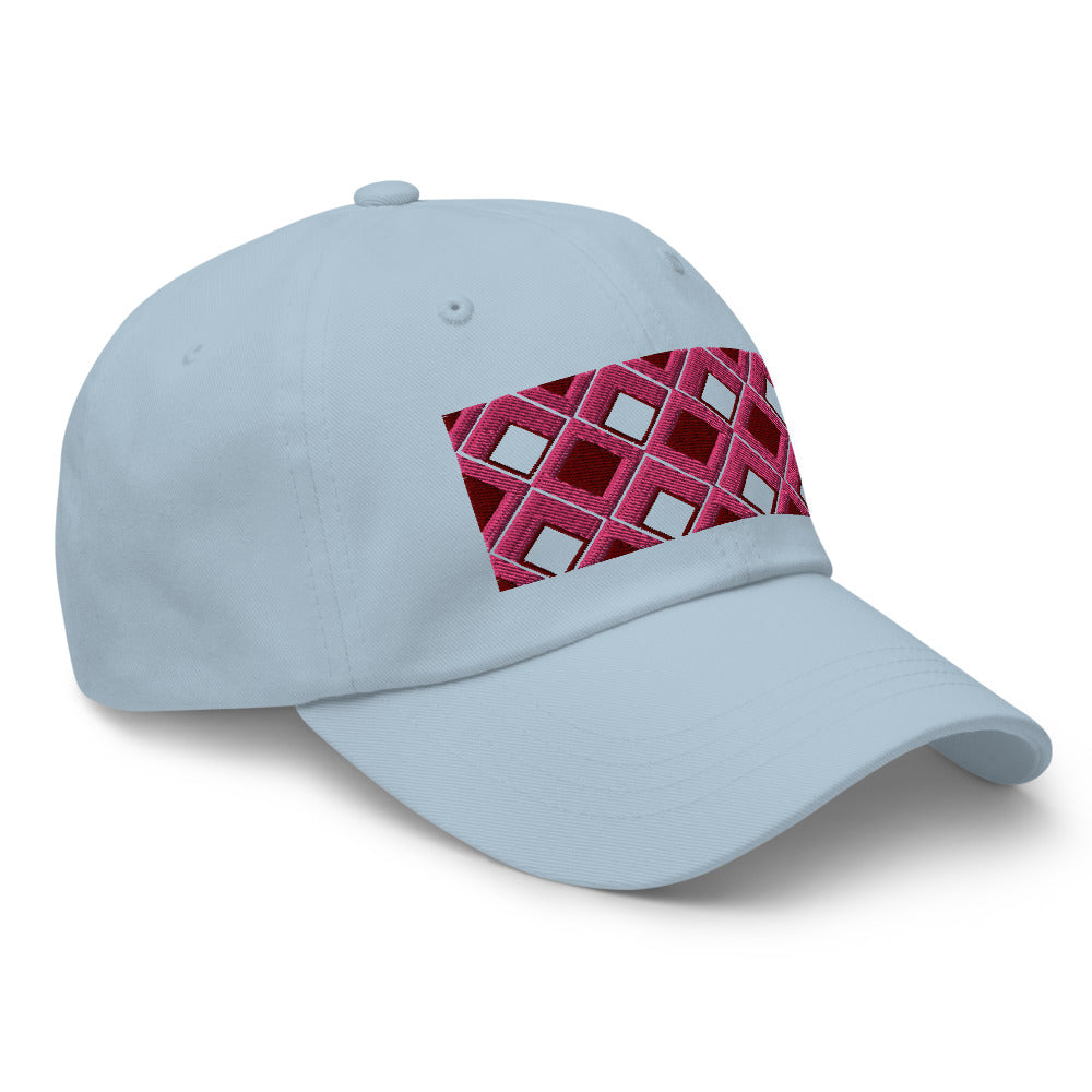 Pink diamonds with pink, burgundy and navy tones in this geometric 1960s inspired retro design logo on this dad hat