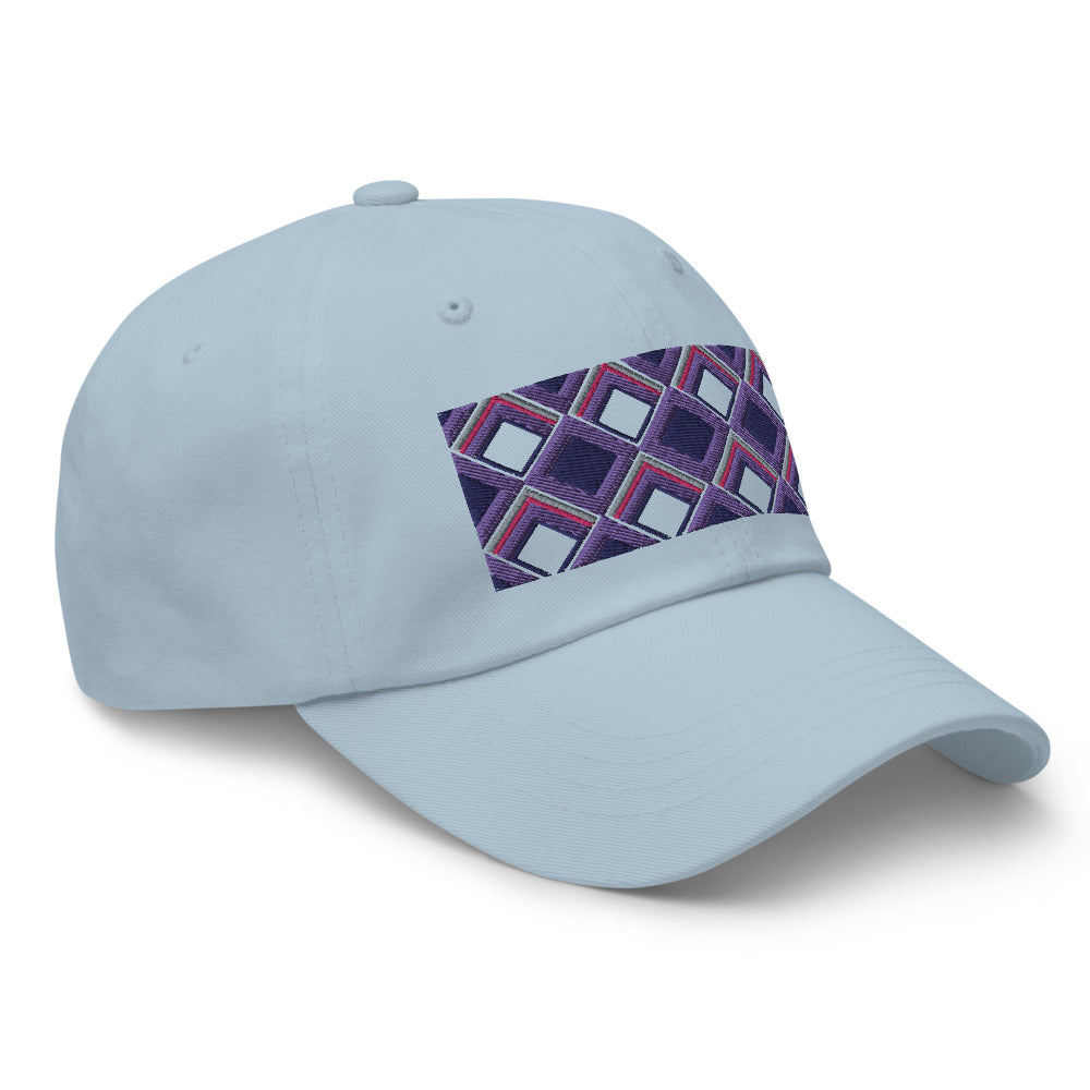 Purple diamonds with purple, navy and pink tones in this geometric 1960s inspired retro design logo on this dad hat