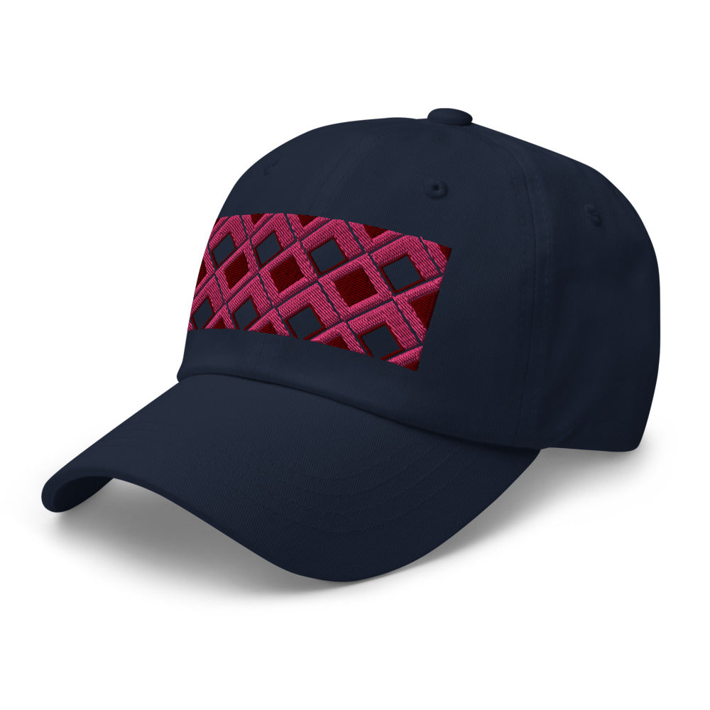 Pink diamonds with pink, burgundy and navy tones in this geometric 1960s inspired retro design logo on this dad hat