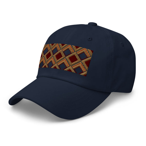 Brown diamonds with burgundy, orange and navy tones in this geometric 1960s inspired retro design logo on this dad hat
