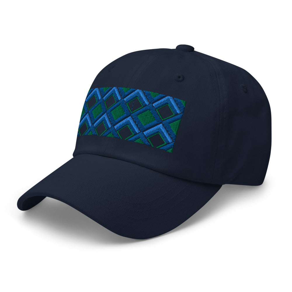 Blue diamonds with green and turquoise tones in this geometric 1960s inspired retro design logo on this dad hat