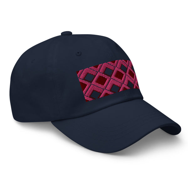 Pink diamonds with pink, burgundy and navy tones in this geometric 1960s inspired retro design logo on this dad hat