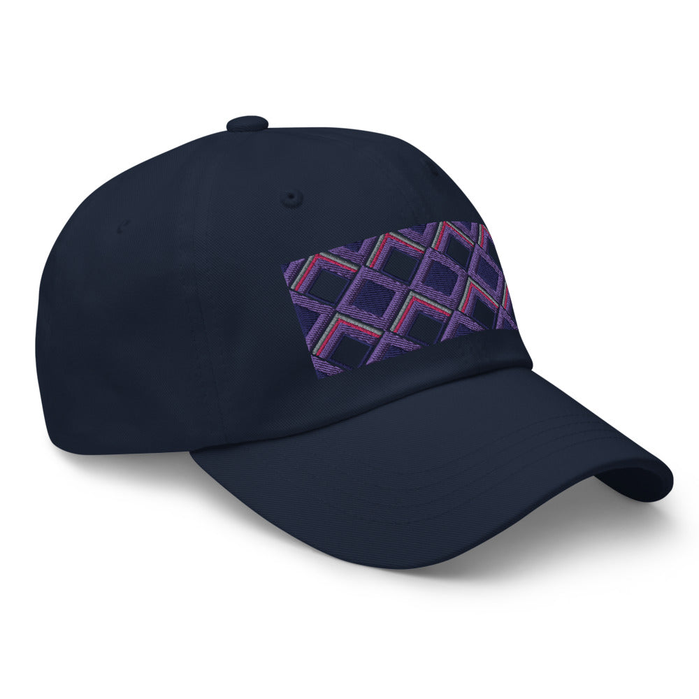 Purple diamonds with purple, navy and pink tones in this geometric 1960s inspired retro design logo on this dad hat