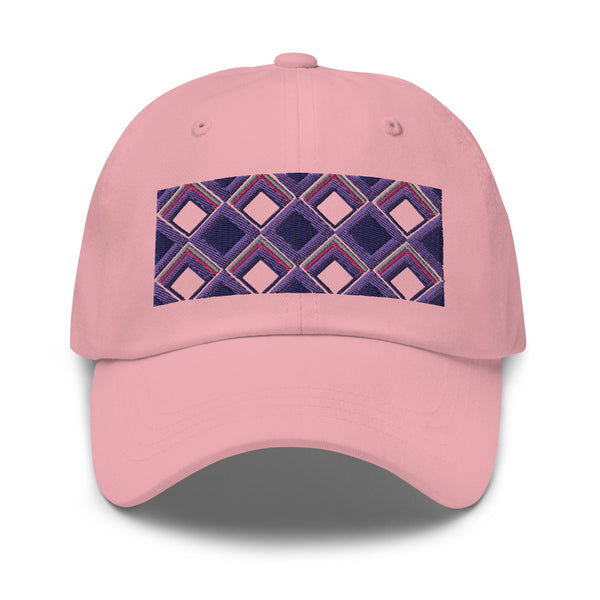 Purple diamonds with purple, navy and pink tones in this geometric 1960s inspired retro design logo on this dad hat