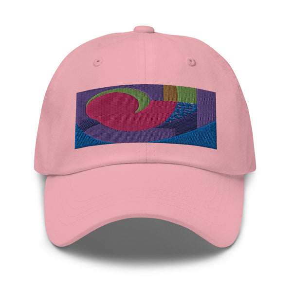 Pink dad hat with colorful rectangular logo containing blocks of colors of pink, purple, green and blue, curves and geometric shapes in a mid-century modernist abstract composition