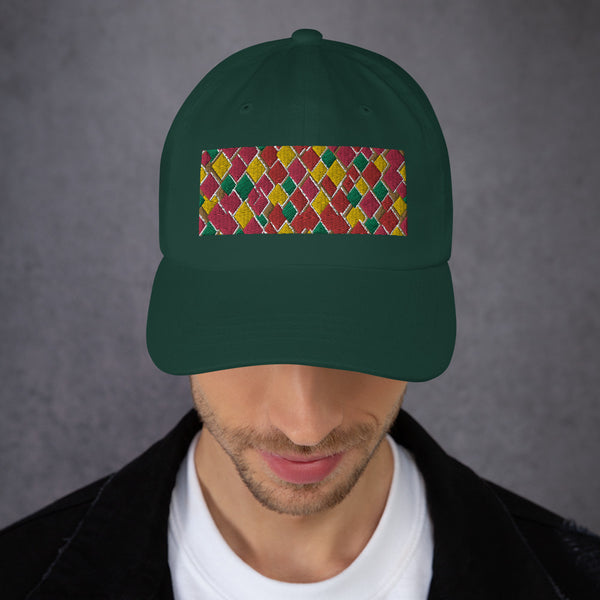 Geometric diamond shaped rectangular logo in pink, orange, yellow and green in this 60s inspired spruce colored dad cap