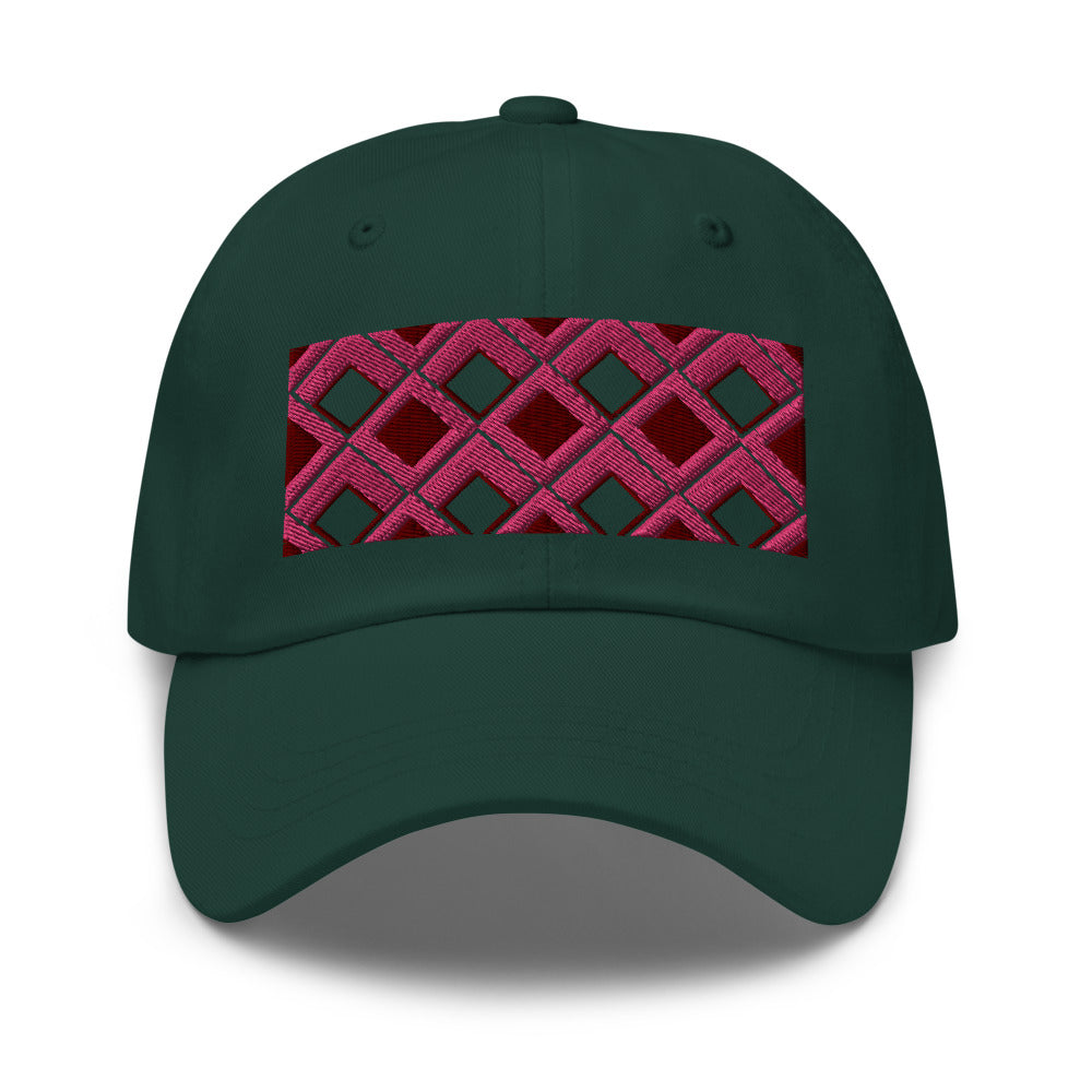 Pink diamonds with pink, burgundy and navy tones in this geometric 1960s inspired retro design logo on this dad hat