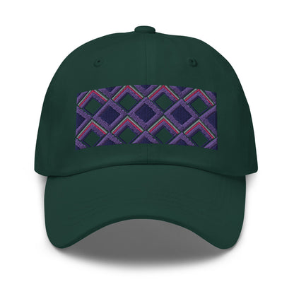 Purple diamonds with purple, navy and pink tones in this geometric 1960s inspired retro design logo on this dad hat