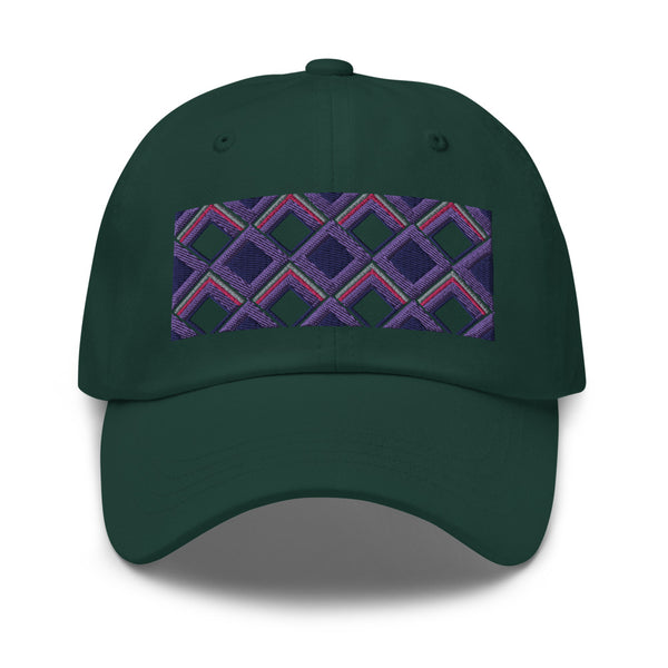 Purple diamonds with purple, navy and pink tones in this geometric 1960s inspired retro design logo on this dad hat