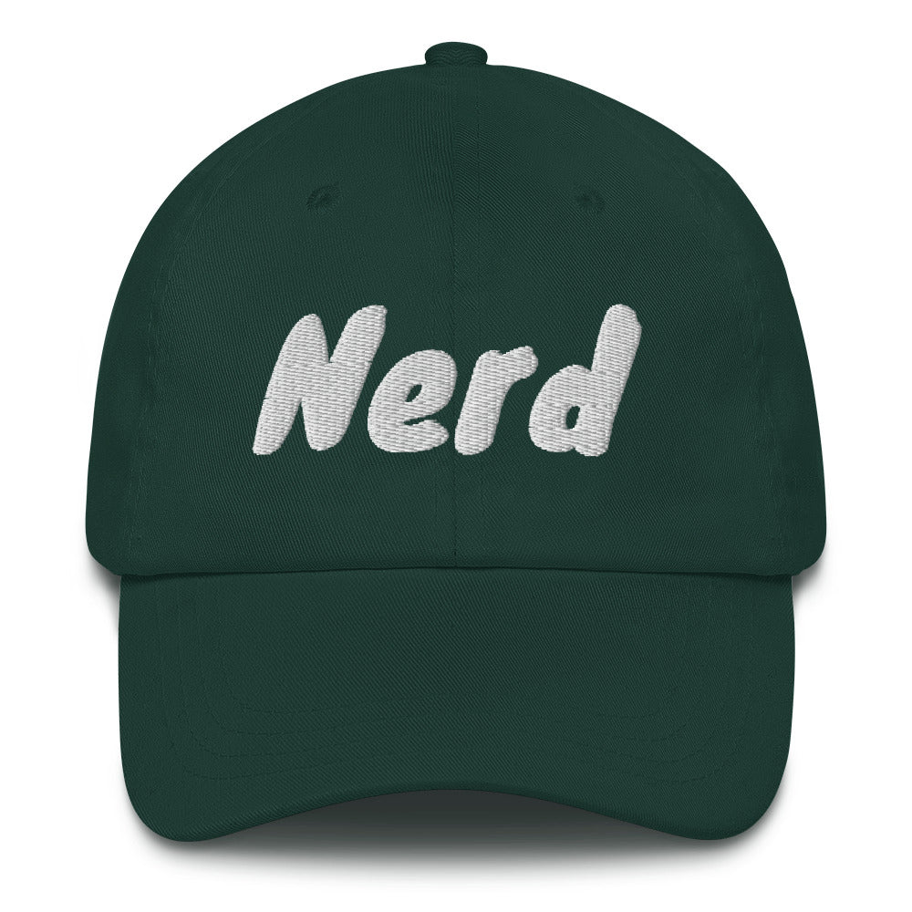 Dad hat with the slogan Nerd in white thread against coloured caps by BillingtonPix