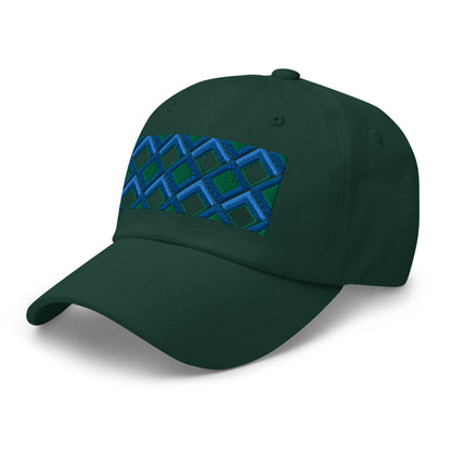 Blue diamonds with green and turquoise tones in this geometric 1960s inspired retro design logo on this dad hat