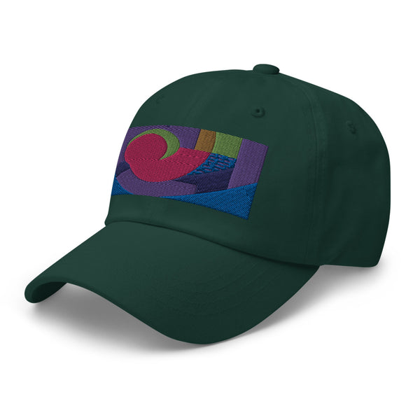 Spruce green dad hat with colorful rectangular logo containing blocks of colors of pink, purple, green and blue, curves and geometric shapes in a mid-century modernist abstract composition