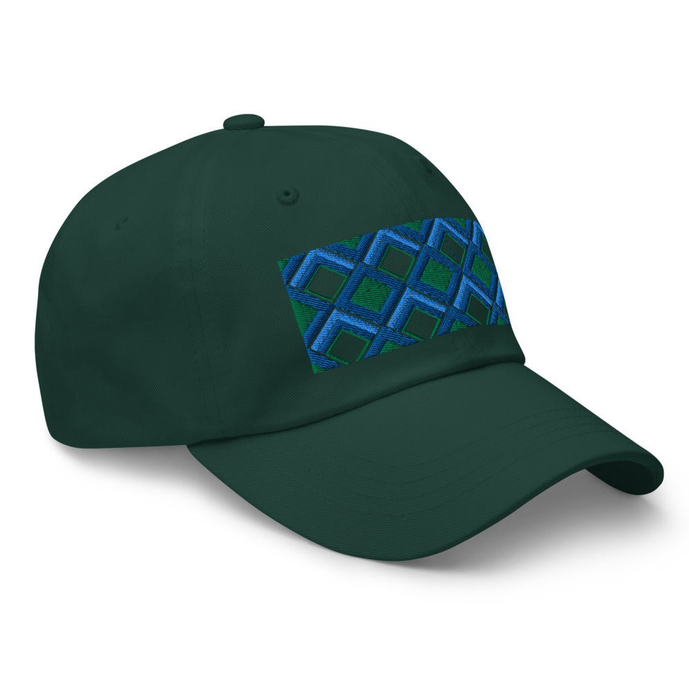 Blue diamonds with green and turquoise tones in this geometric 1960s inspired retro design logo on this dad hat