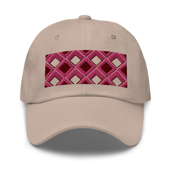 Pink diamonds with pink, burgundy and navy tones in this geometric 1960s inspired retro design logo on this dad hat