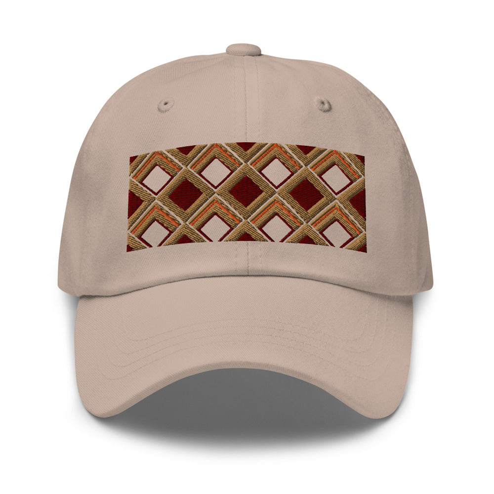 Brown diamonds with burgundy, orange and navy tones in this geometric 1960s inspired retro design logo on this dad hat