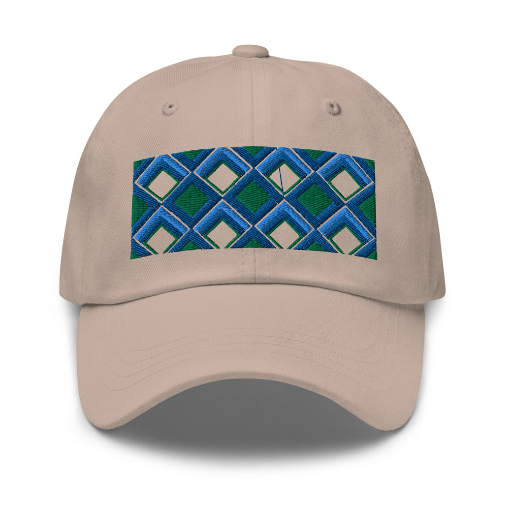 Blue diamonds with green and turquoise tones in this geometric 1960s inspired retro design logo on this dad hat