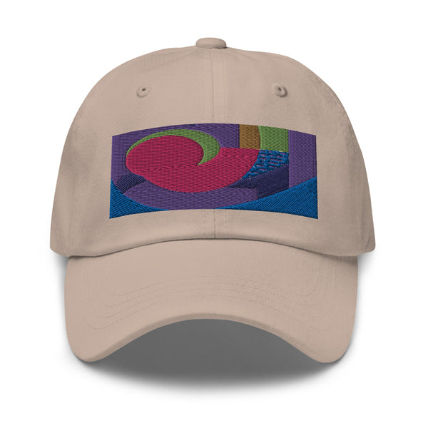 stone dad hat with colorful rectangular logo containing blocks of colors of pink, purple, green and blue, curves and geometric shapes in a mid-century modernist abstract composition