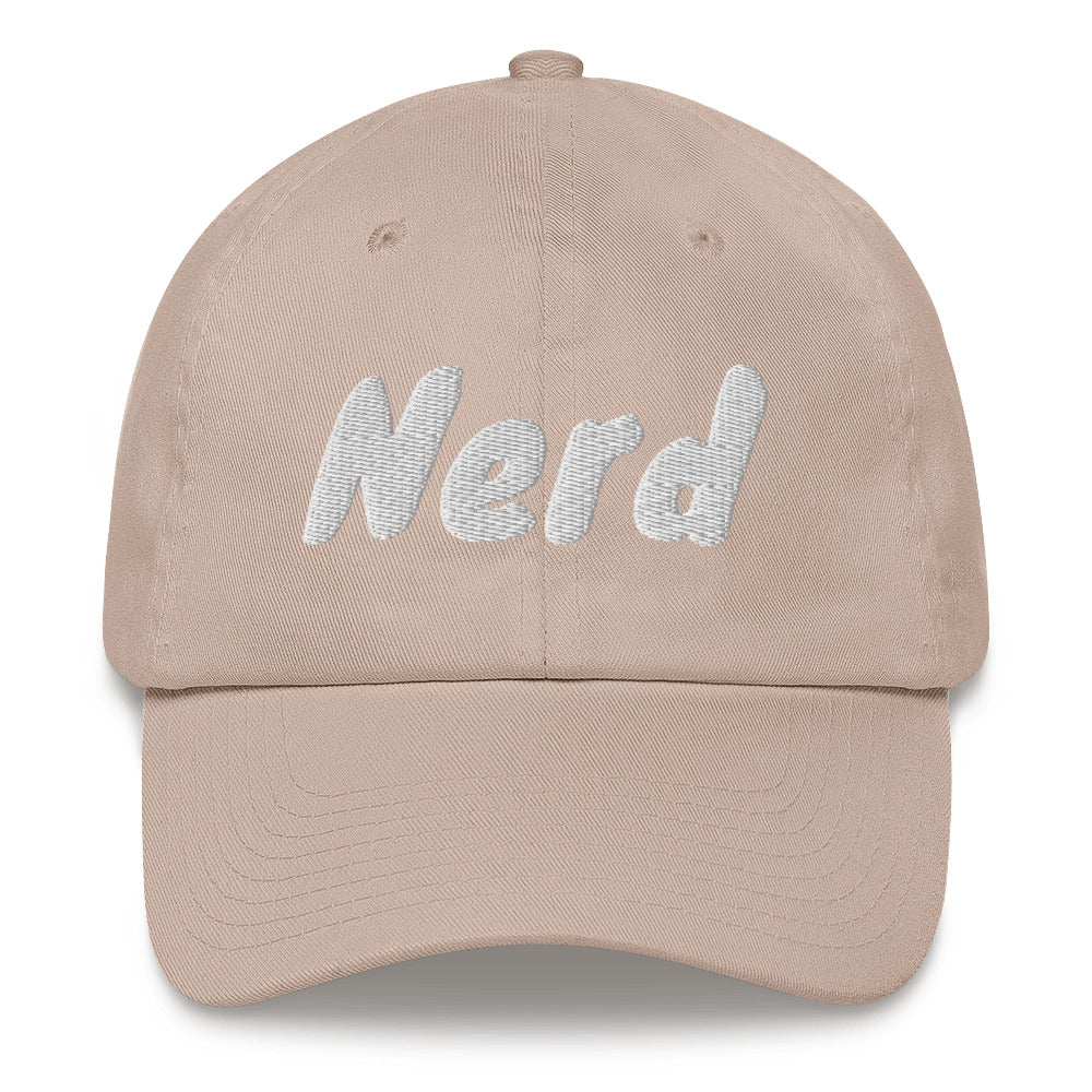 Dad hat with the slogan Nerd in white thread against coloured caps by BillingtonPix