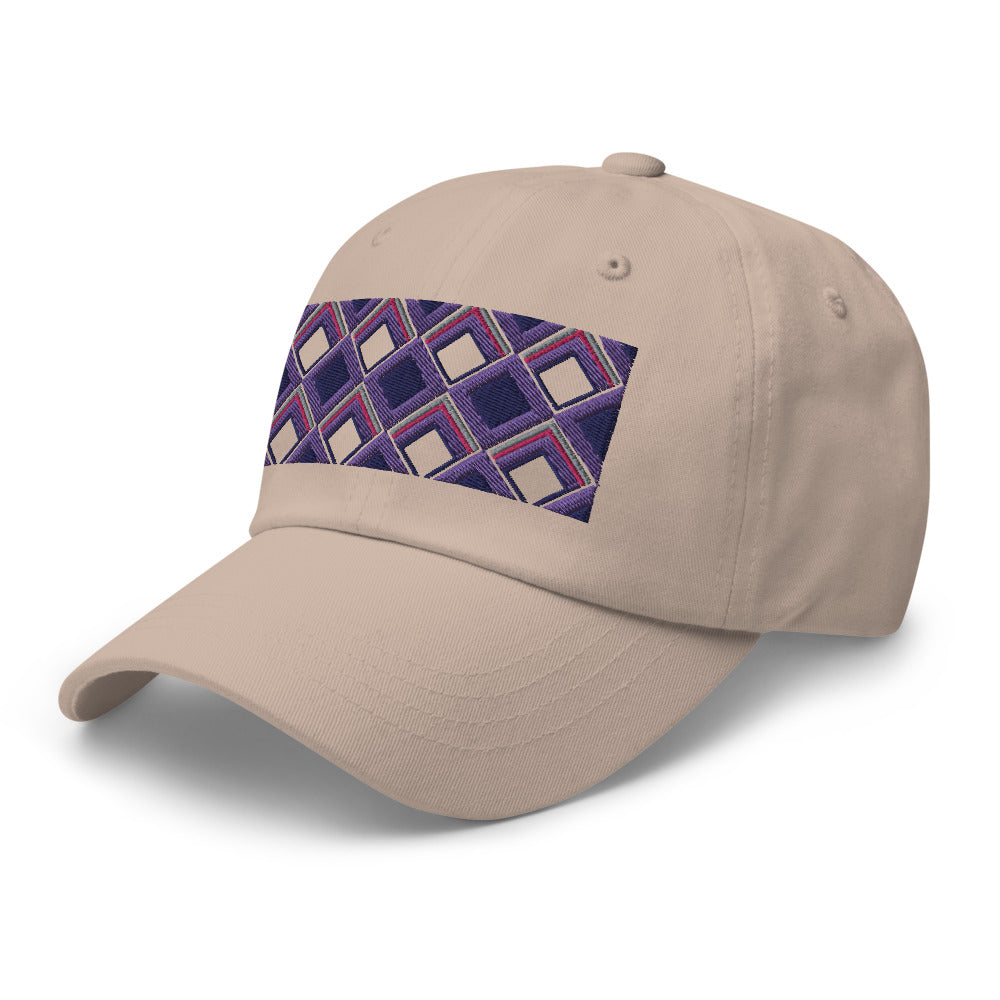 Purple diamonds with purple, navy and pink tones in this geometric 1960s inspired retro design logo on this dad hat