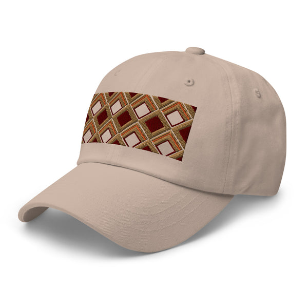 Brown diamonds with burgundy, orange and navy tones in this geometric 1960s inspired retro design logo on this dad hat