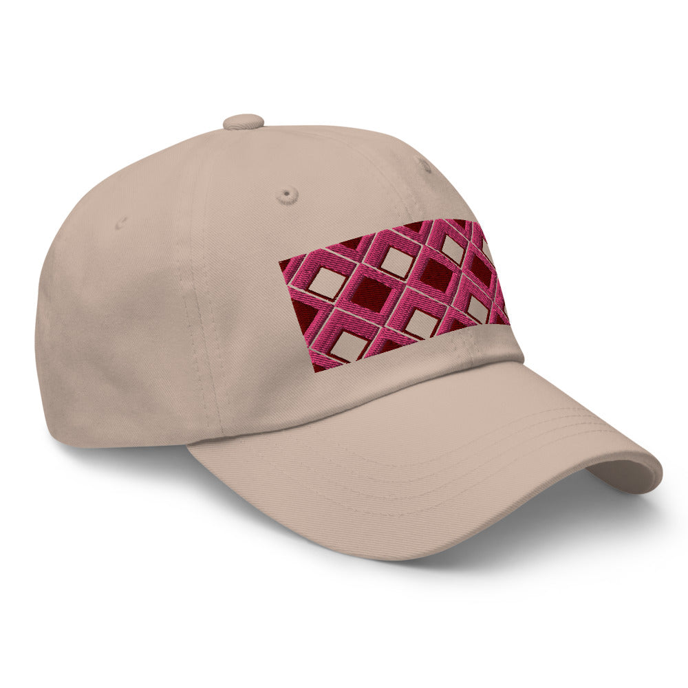 Pink diamonds with pink, burgundy and navy tones in this geometric 1960s inspired retro design logo on this dad hat