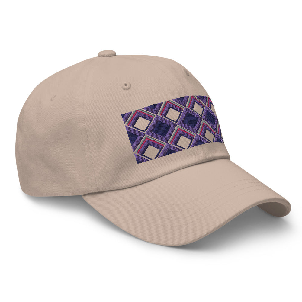 Purple diamonds with purple, navy and pink tones in this geometric 1960s inspired retro design logo on this dad hat