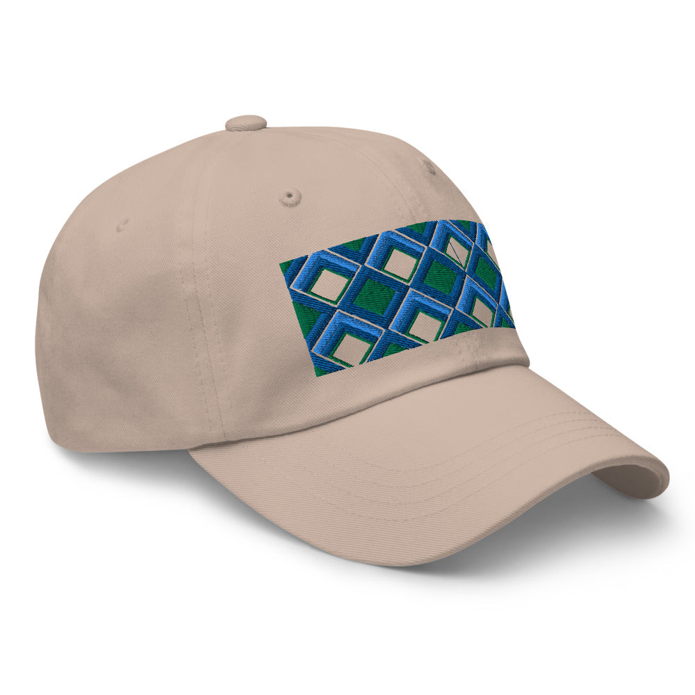 Blue diamonds with green and turquoise tones in this geometric 1960s inspired retro design logo on this dad hat