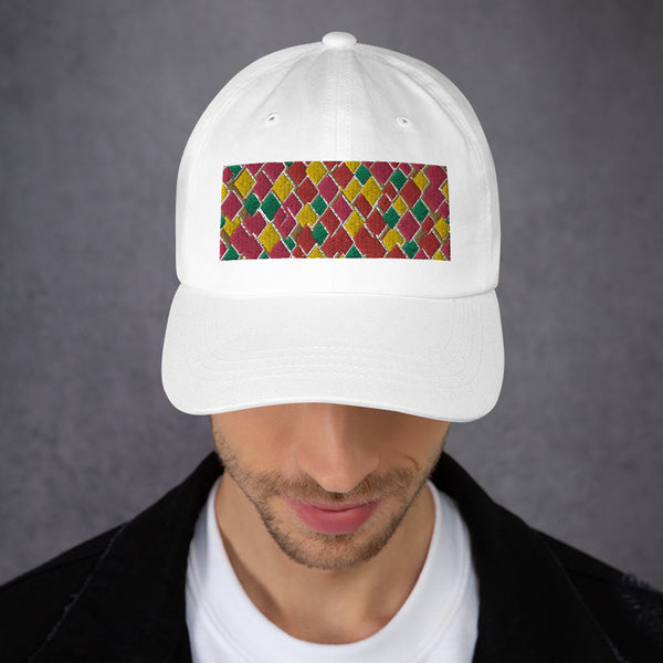 Geometric diamond shaped rectangular logo in pink, orange, yellow and green in this 60s inspired white colored dad cap