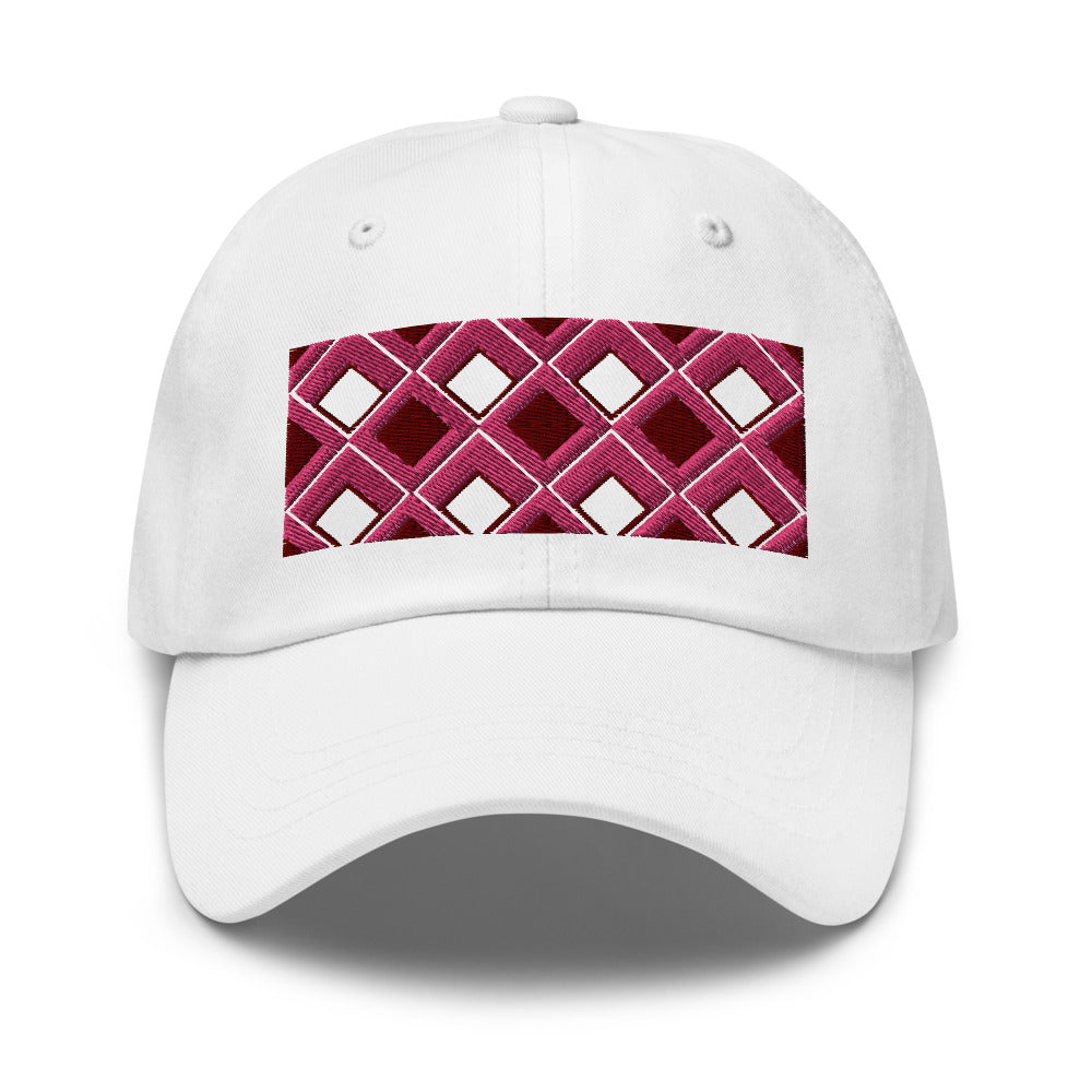 Pink diamonds with pink, burgundy and navy tones in this geometric 1960s inspired retro design logo on this dad hat