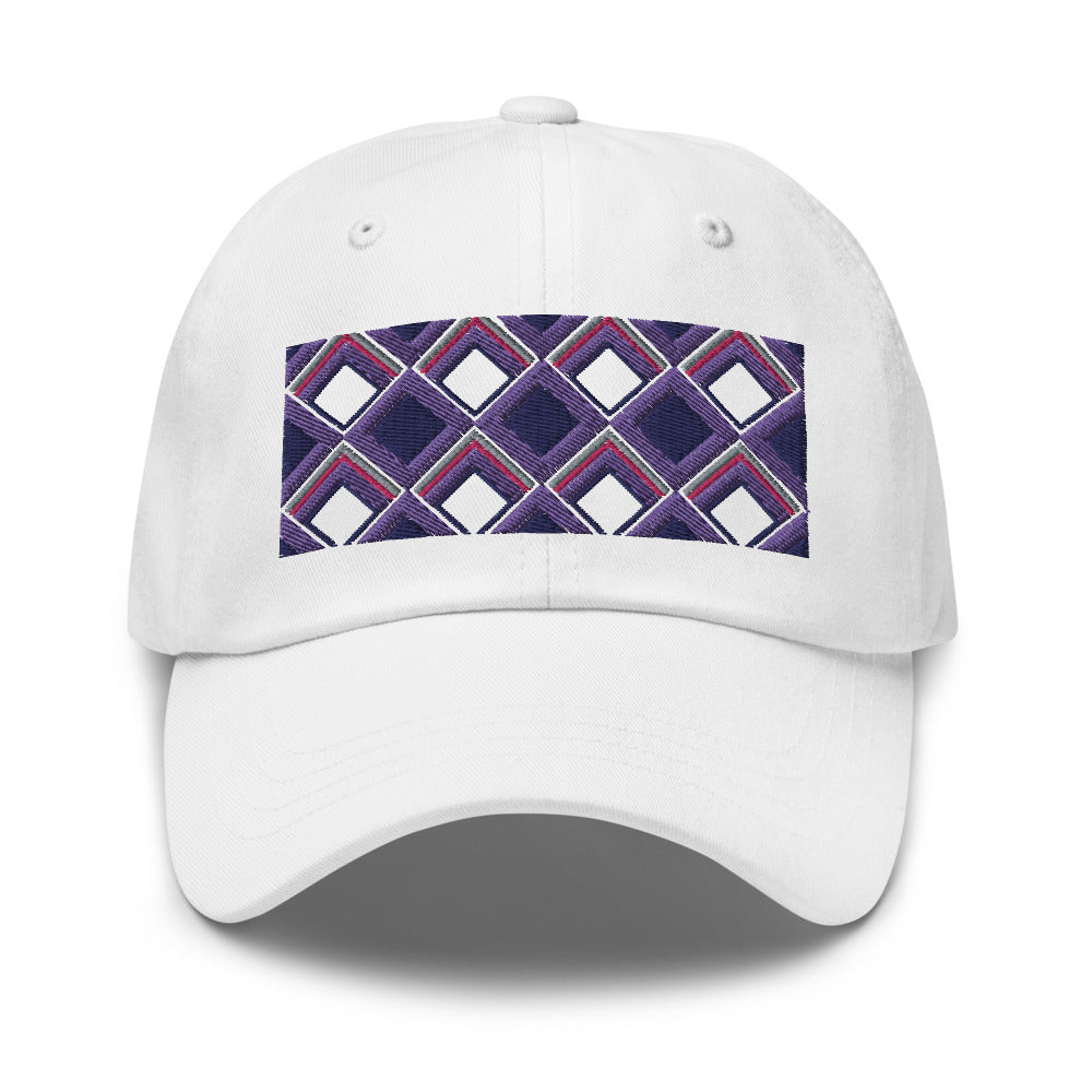 Purple diamonds with purple, navy and pink tones in this geometric 1960s inspired retro design logo on this dad hat