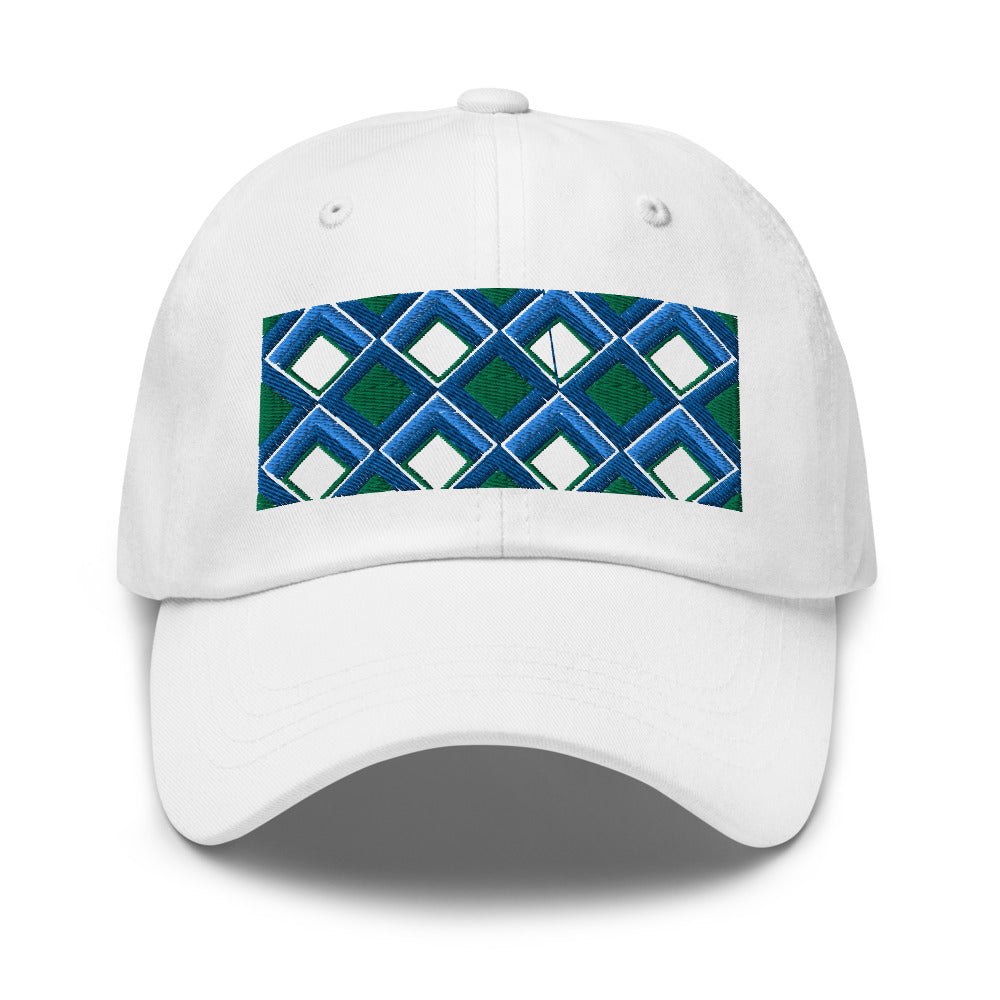 Blue diamonds with green and turquoise tones in this geometric 1960s inspired retro design logo on this dad hat