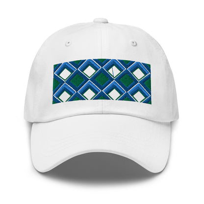 Blue diamonds with green and turquoise tones in this geometric 1960s inspired retro design logo on this dad hat