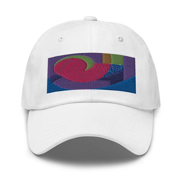 white dad hat with colorful rectangular logo containing blocks of colors of pink, purple, green and blue, curves and geometric shapes in a mid-century modernist abstract composition