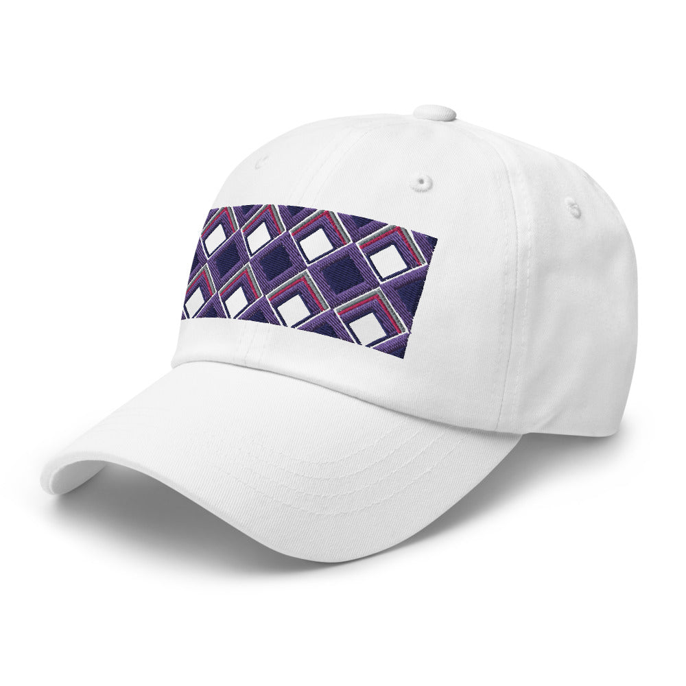 Purple diamonds with purple, navy and pink tones in this geometric 1960s inspired retro design logo on this dad hat