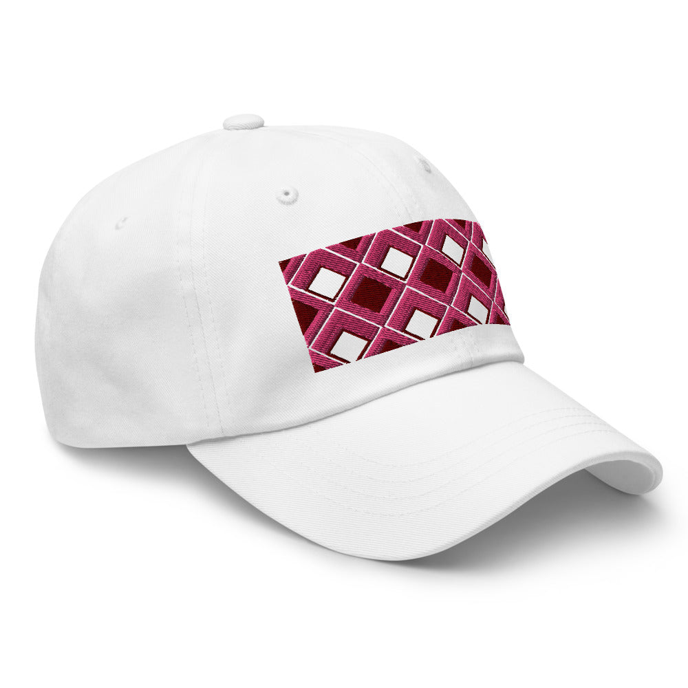 Pink diamonds with pink, burgundy and navy tones in this geometric 1960s inspired retro design logo on this dad hat