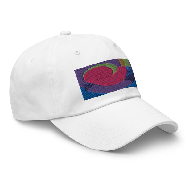 white dad hat with colorful rectangular logo containing blocks of colors of pink, purple, green and blue, curves and geometric shapes in a mid-century modernist abstract composition