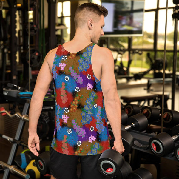 Colourful retro style floral aesthetic with a psychedelic kitsch vibe and grandmacore or cottagecore overtones on this vibrant tank top vest by BillingtonPix