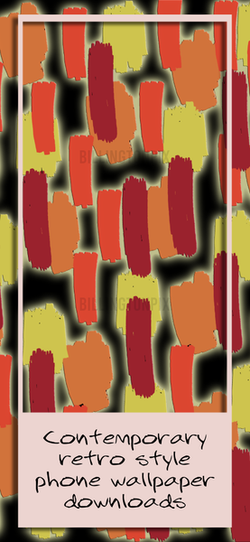 Orange, yellow, burgundy, tangerine paint strokes on a black background in this contemporary retro design phone wallpaper