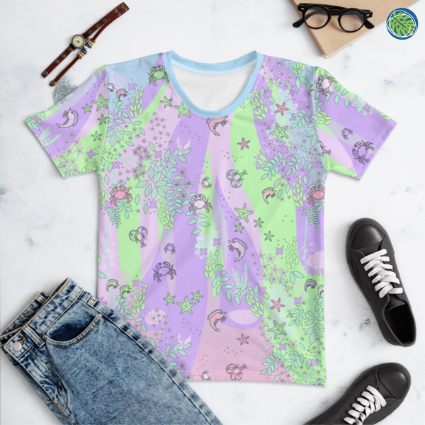 Ocean blush crustaceancore all over print sublimation t-shirt for women with a pattern of sea critters in a stripy background of pastel pink, blue, green and pink. Womens short sleeved with crew neck tee shirt by BillingtonPix