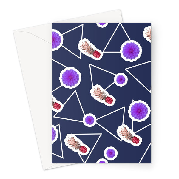 Blue Abstract Memphis Style Patterned Greeting Card | Fruity Floral