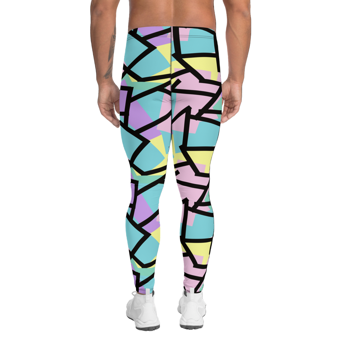 Harajuku Pastel Goth fashion leggings for men with tones of pink, blue, green, yellow and purple with a black geometric overlay on these festival meggings athleisure crazy gym leggings by BillingtonPix