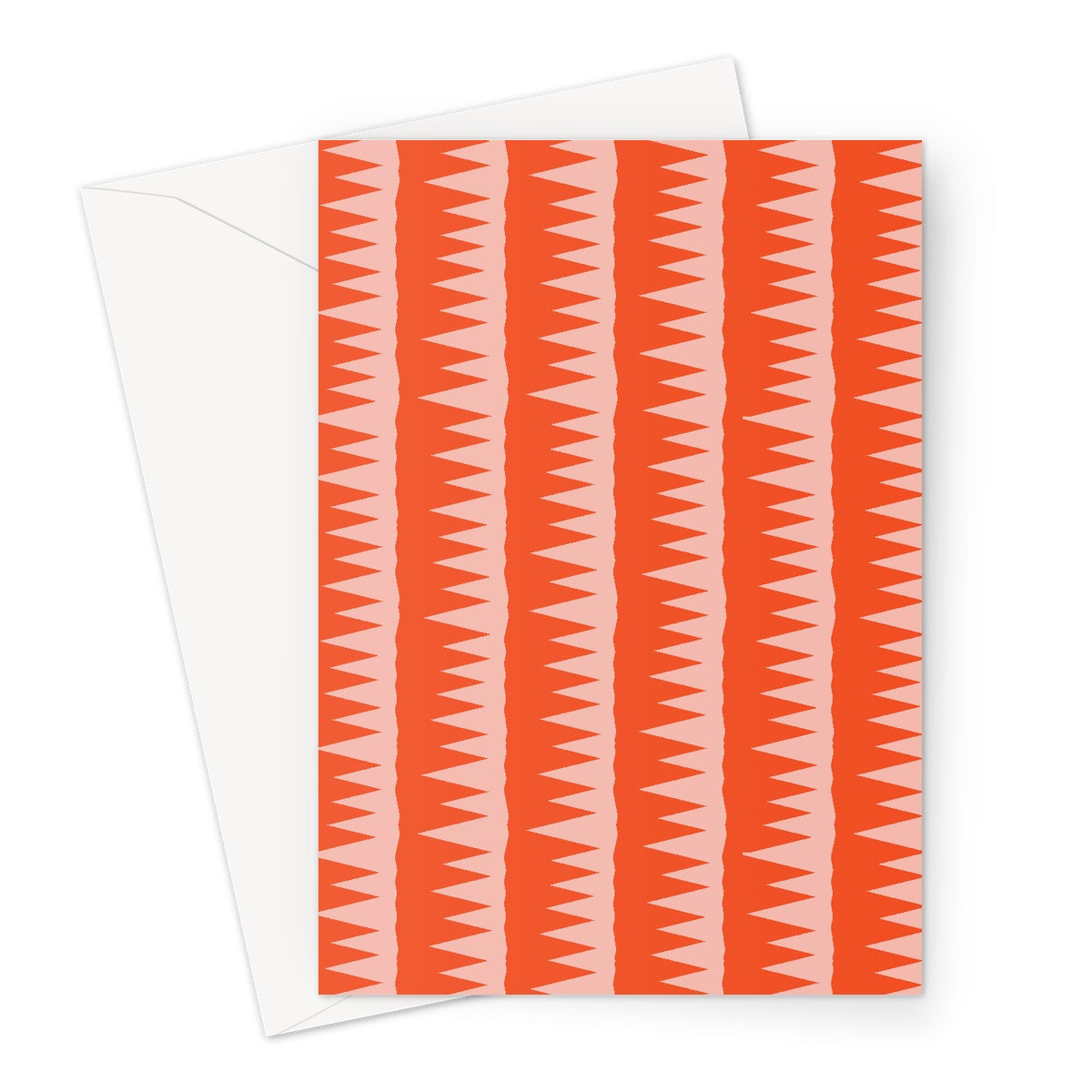 This Mid-Century Modern style art card design consists of colorful pink jagged columns of geometric triangular shapes stacked upon each other like columns against an orange red background